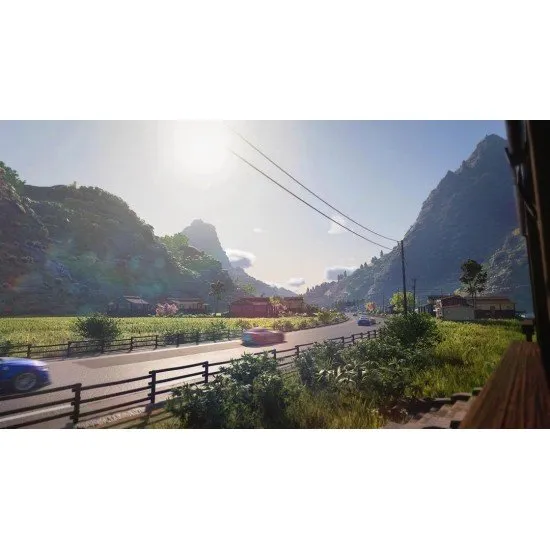 A customised Nissan sports car racing at high speed through a neon-lit Japanese city street