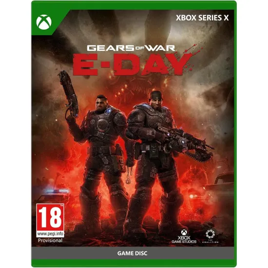 An Xbox Series X game case displaying a young Marcus Fenix and Dominic Santiago back-to-back firing lancer rifles amidst a crumbling city street as giant smoke plumes erupt from dark holes in the ground