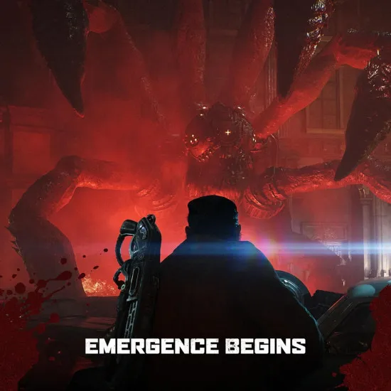 An Xbox Series X game case displaying a young Marcus Fenix and Dominic Santiago back-to-back firing lancer rifles amidst a crumbling city street as giant smoke plumes erupt from dark holes in the ground
