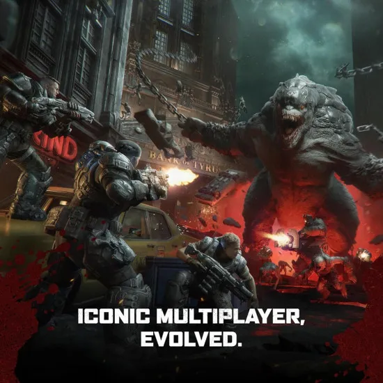 An Xbox Series X game case displaying a young Marcus Fenix and Dominic Santiago back-to-back firing lancer rifles amidst a crumbling city street as giant smoke plumes erupt from dark holes in the ground