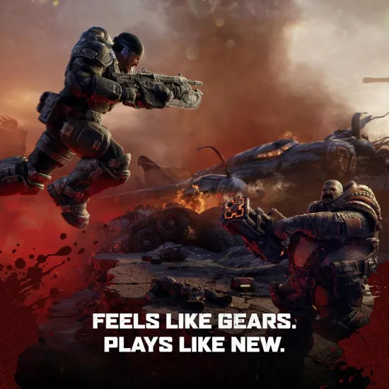An Xbox Series X game case displaying a young Marcus Fenix and Dominic Santiago back-to-back firing lancer rifles amidst a crumbling city street as giant smoke plumes erupt from dark holes in the ground