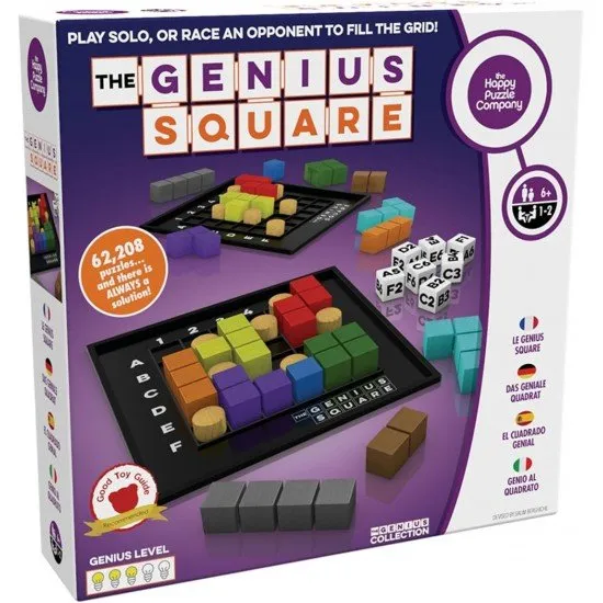 The Genius Square game box showing two players competing to fill a square grid with colourful shapes