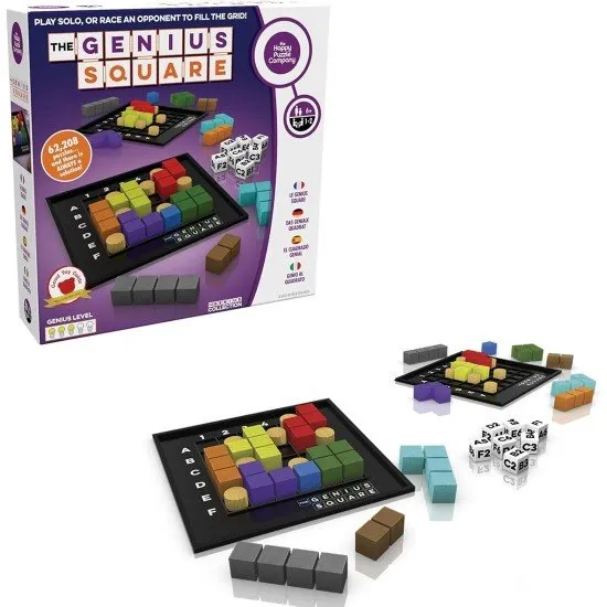 The Genius Square game box showing two players competing to fill a square grid with colourful shapes