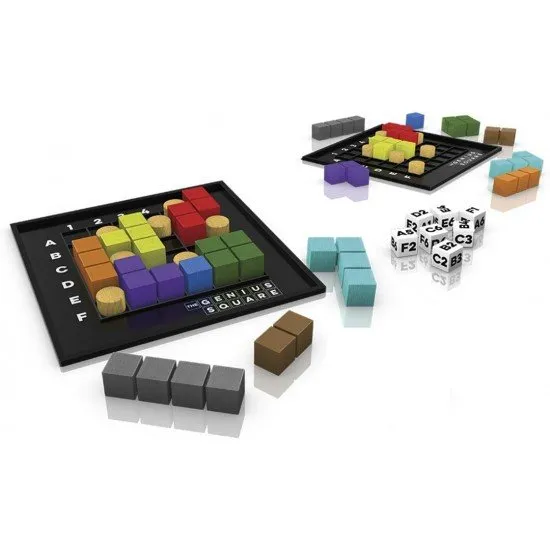 The Genius Square game box showing two players competing to fill a square grid with colourful shapes