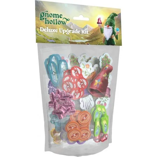 Gnome Hollow Deluxe Upgrade Kit showing an assortment of colourful wooden mushroom and flower tokens