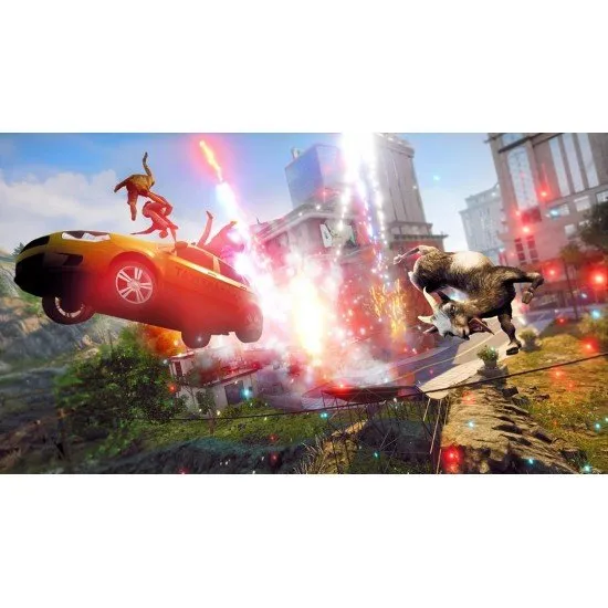 Pilgor the goat causing absolute chaos in a vibrant open world environment with multiple costumes