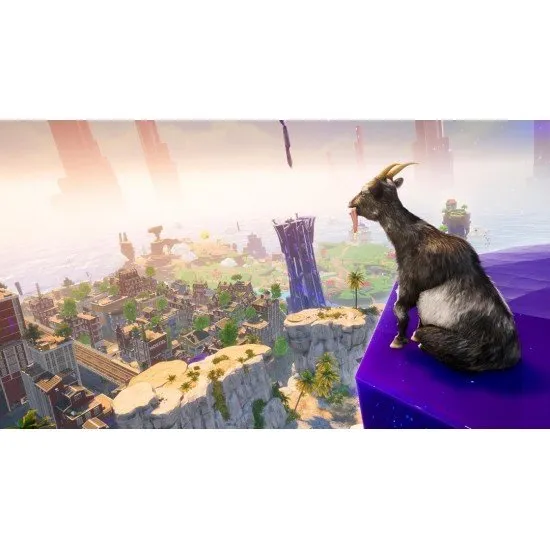 Pilgor the goat causing absolute chaos in a vibrant open world environment with multiple costumes