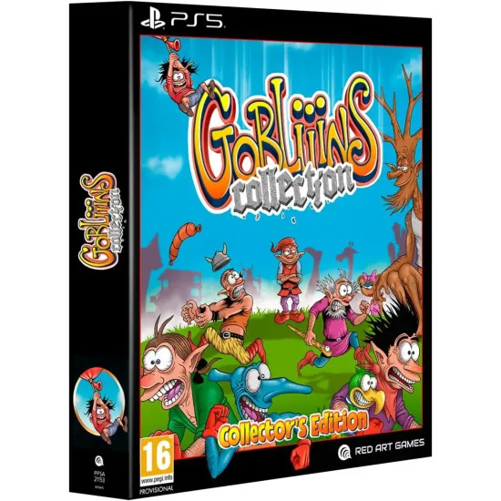 A PlayStation 5 game case showing three cartoon goblins making funny faces while pulling levers inside a colorful fantasy workshop filled with bizarre contraptions