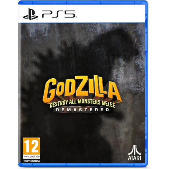 A PlayStation 5 game case depicting Godzilla blasting atomic breath at Mechagodzilla amidst a burning, crumbling cityscape under a dark stormy sky