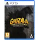 A PlayStation 5 game case depicting Godzilla blasting atomic breath at Mechagodzilla amidst a burning, crumbling cityscape under a dark stormy sky
