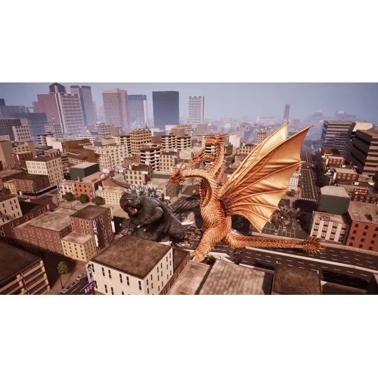 A PlayStation 5 game case depicting Godzilla blasting atomic breath at Mechagodzilla amidst a burning, crumbling cityscape under a dark stormy sky