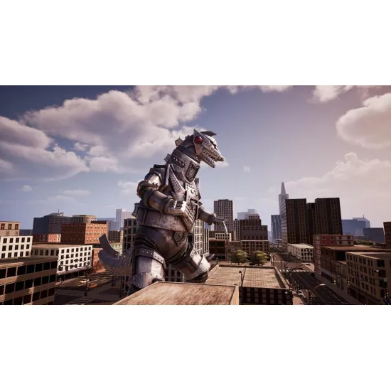 A PlayStation 5 game case depicting Godzilla blasting atomic breath at Mechagodzilla amidst a burning, crumbling cityscape under a dark stormy sky