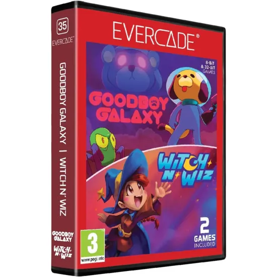 An Evercade cartridge box featuring colourful artwork of Maxwell the space dog alongside character art from Witch n' Wiz in a collectable retro case