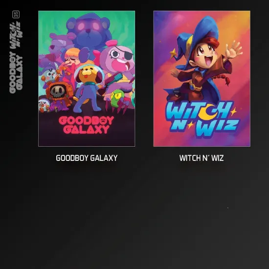 An Evercade cartridge box featuring colourful artwork of Maxwell the space dog alongside character art from Witch n' Wiz in a collectable retro case