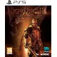 A PlayStation 5 game case showcasing a dark medieval landscape under a storm-filled sky with a massive stone fortress towering over a rugged mountain pass