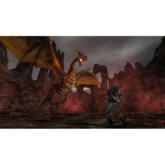 A PlayStation 5 game case showcasing a dark medieval landscape under a storm-filled sky with a massive stone fortress towering over a rugged mountain pass