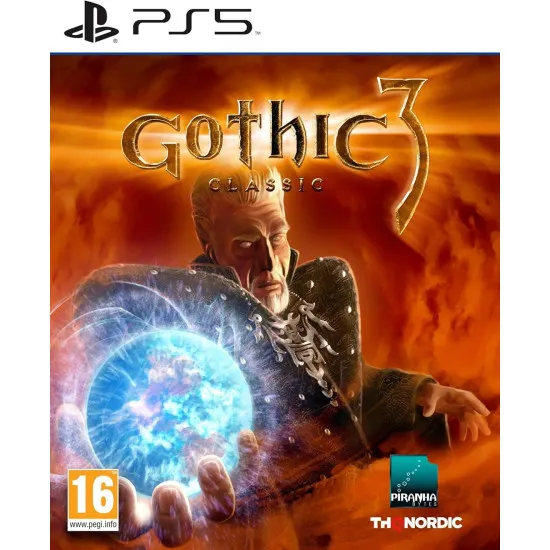 A PlayStation 5 game case depicting a warrior casting a bright blue magical spell from his hand while defending a wooden settlement from a monstrous beast attack