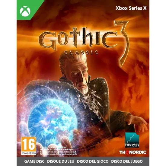 An Xbox Series X game case showing a rugged nameless warrior holding a steel sword while looking out over an expansive medieval realm caught in a bloody war between humans and orcs