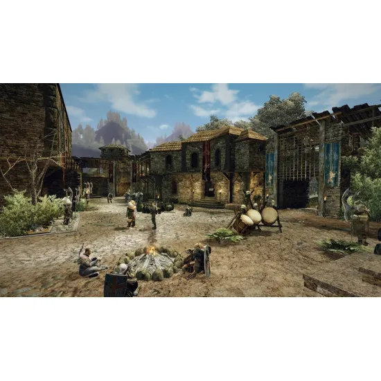 An Xbox Series X game case showing a rugged nameless warrior holding a steel sword while looking out over an expansive medieval realm caught in a bloody war between humans and orcs