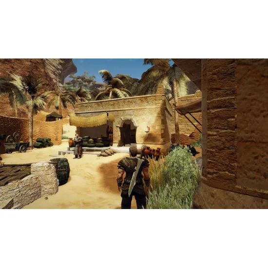An Xbox Series X game case showing a rugged nameless warrior holding a steel sword while looking out over an expansive medieval realm caught in a bloody war between humans and orcs