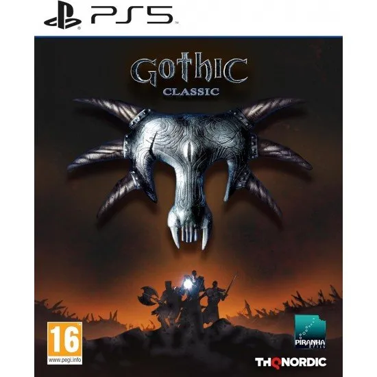 A PlayStation 5 game case showcasing a gritty medieval fantasy landscape where a group of convicts gather around a campfire inside a massive mining valley