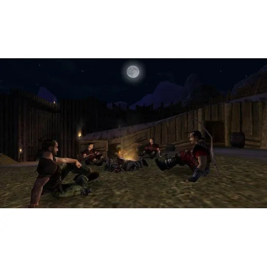 A PlayStation 5 game case showcasing a gritty medieval fantasy landscape where a group of convicts gather around a campfire inside a massive mining valley