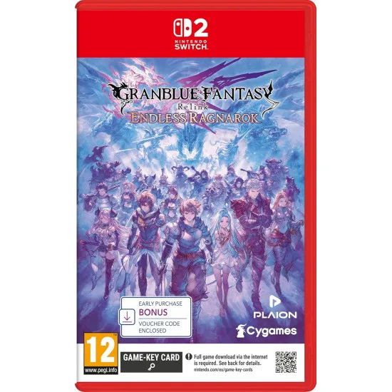 A Nintendo Switch 2 game case displaying vibrant anime artwork of Captain Gran, Lyria, and Beelzebub clashing in a cloudy sky filled with swirling magical energy