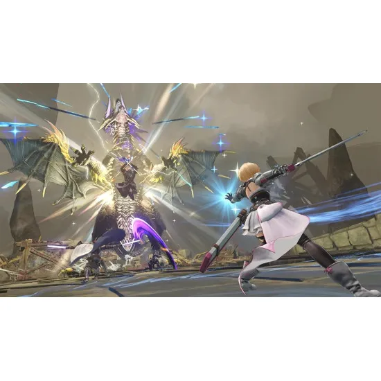 A PlayStation 5 game case depicting an ensemble cast of anime warriors executing a massive combined elemental spell against a towering metallic boss enemy