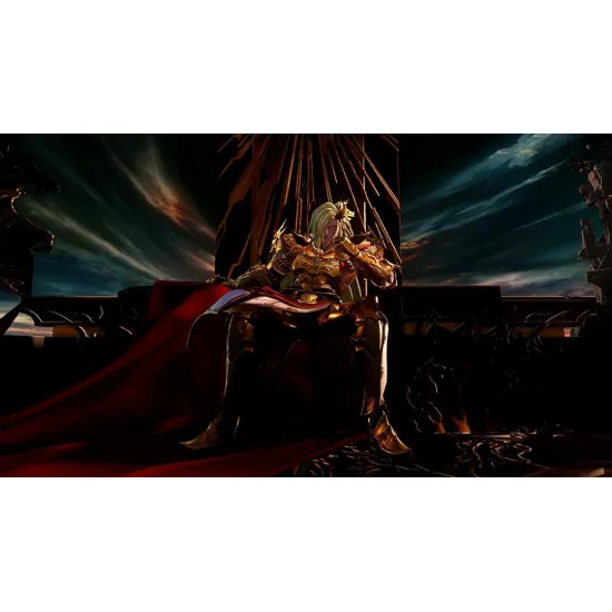 A PlayStation 5 game case depicting an ensemble cast of anime warriors executing a massive combined elemental spell against a towering metallic boss enemy