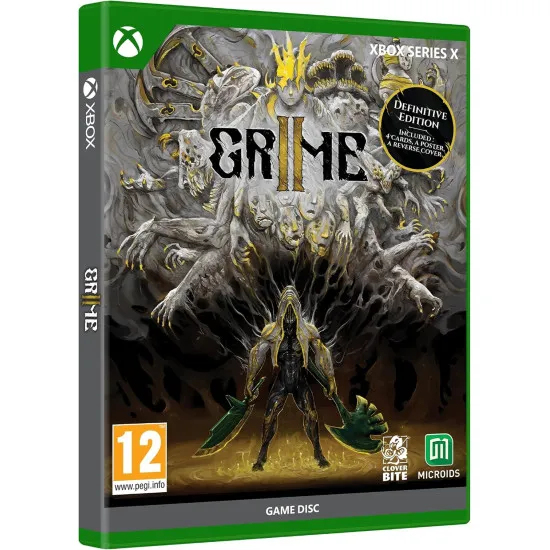 An Xbox Series X game case displaying a desolate landscape of giant ruins where a shadowy being utilizes strange weapons against bizarre stone constructs
