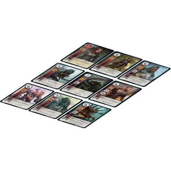 The box art for Gwent: The Legendary Card Game, showing iconic Witcher characters and the symbols for the five factions, including Northern Realms and Monsters.
