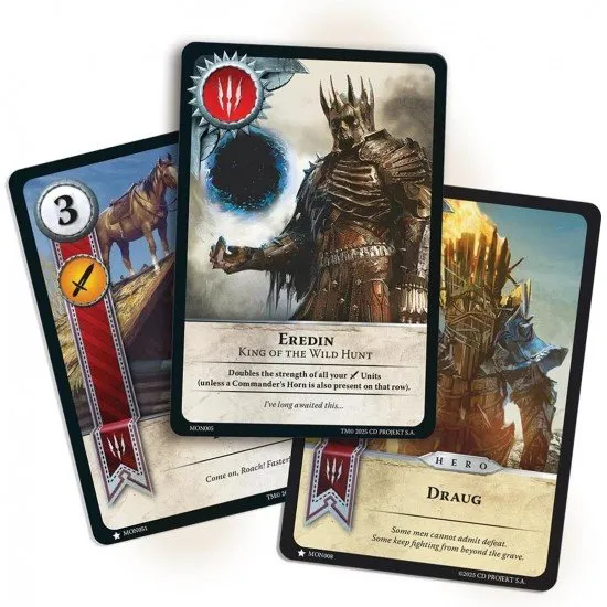 The box art for Gwent: The Legendary Card Game, showing iconic Witcher characters and the symbols for the five factions, including Northern Realms and Monsters.