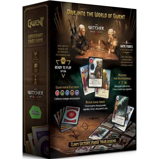 The box art for Gwent: The Legendary Card Game, showing iconic Witcher characters and the symbols for the five factions, including Northern Realms and Monsters.