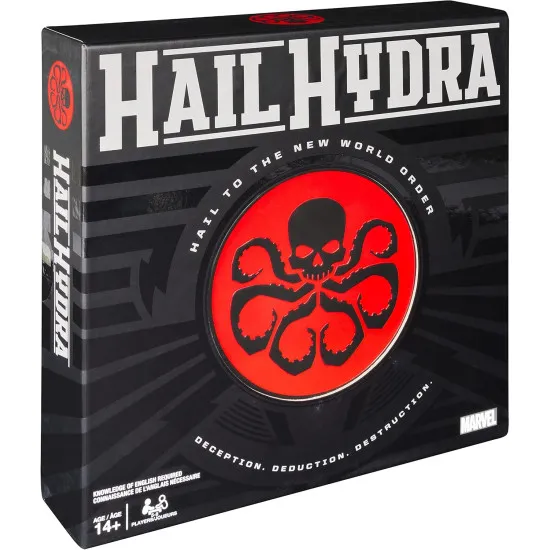 Hail Hydra Marvel social deduction board game box featuring SHIELD heroes Spider-Man Captain America Black Panther and Red Skull HYDRA artwork