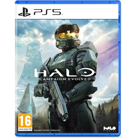 A PlayStation 5 game case depicting the Master Chief and a squad of UNSC Marines defending a high-tech metallic installation corridor against an incoming wave of Covenant Elites