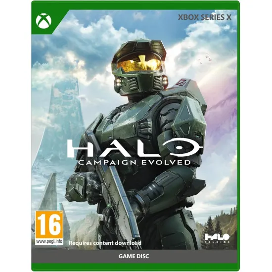 An Xbox Series X game case showing the Master Chief standing on a lush alien hillside with an assault rifle, looking out at a massive ringworld arching across a star-filled sky