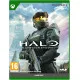 An Xbox Series X game case showing the Master Chief standing on a lush alien hillside with an assault rifle, looking out at a massive ringworld arching across a star-filled sky