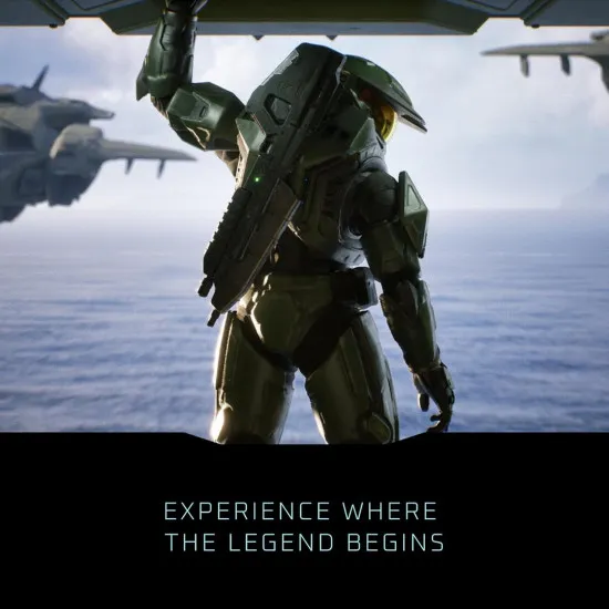 A PlayStation 5 game case depicting the Master Chief and a squad of UNSC Marines defending a high-tech metallic installation corridor against an incoming wave of Covenant Elites