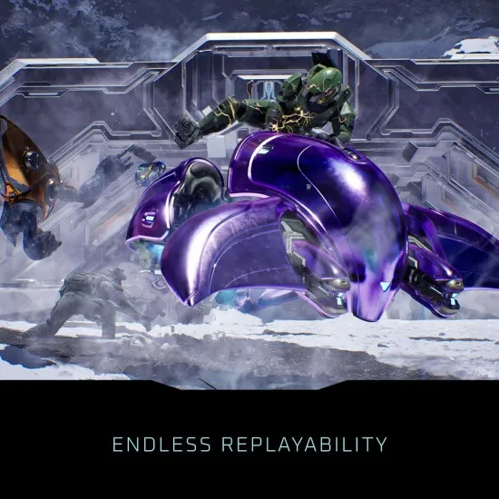 A PlayStation 5 game case depicting the Master Chief and a squad of UNSC Marines defending a high-tech metallic installation corridor against an incoming wave of Covenant Elites