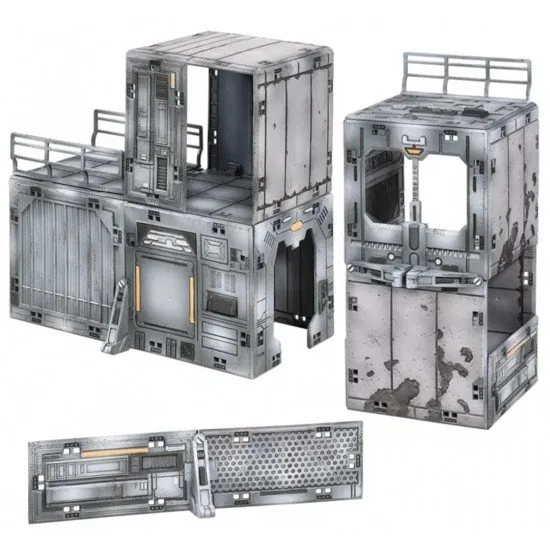 Halo Flashpoint Outpost Terrain Mantic Games Accessory Halo Flashpoint Outpost Buildable Terrain Set box art showing assembled modular plastic terrain pieces resembling a UNSC facility on a tabletop