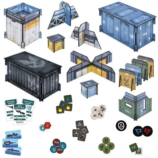 The box art for the Halo: Flashpoint UNSC Base Terrain Set, showing assembled terrain pieces and miniatures on a tabletop.