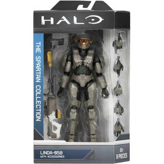 HALO Spartan Collection Linda-058 Jazwares Figure HALO The Spartan Collection Linda-058 action figure in a dynamic pose holding her Nornfang Sniper Rifle