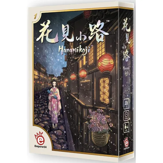 Hanamikoji 2-player card game box featuring elegant geisha artwork set in historical Kyoto Japan