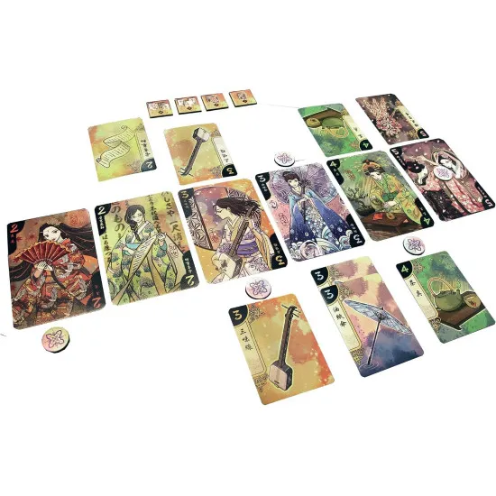 Hanamikoji 2-player card game box featuring elegant geisha artwork set in historical Kyoto Japan