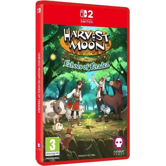 A Nintendo Switch 2 game case displaying vibrant, next-gen cartoon graphics of a male and female farmer harvesting crops while exotic birds fly over a bustling village