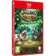 A Nintendo Switch 2 game case displaying vibrant, next-gen cartoon graphics of a male and female farmer harvesting crops while exotic birds fly over a bustling village