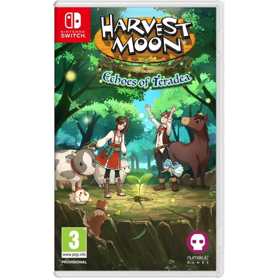 A Nintendo Switch game case showing a cheerful farmer standing with a pet dog on a lush hillside looking out towards a mysterious misty forest and distant tropical islands