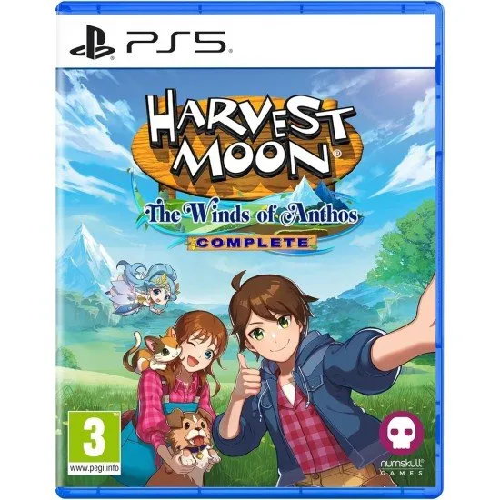 PlayStation 5 game cover for Harvest Moon The Winds of Anthos Complete Edition featuring vibrant farm landscapes