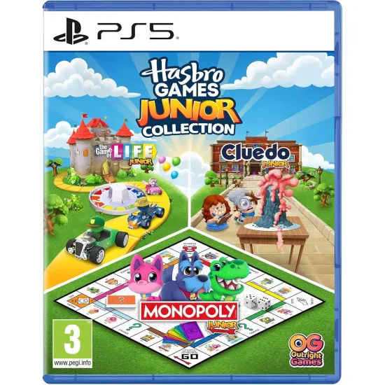 A PlayStation 5 game case showing a bright collage of Monopoly Junior car pieces, Cluedo Junior magnifying glasses, and The Game of Life Junior spinner wheels