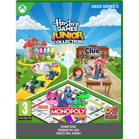 Xbox Series X game case for Hasbro Games Junior Collection showing Monopoly Jr, Cluedo Jr, and The Game of Life Jr logos